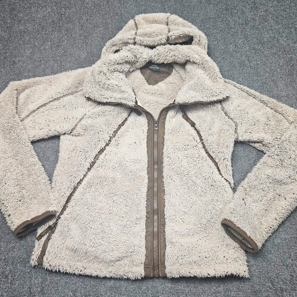 Kuhl‎ Flight Fleece Jacket Womens Large Tan Full Zip Hooded Outdoor Cozy Hiking